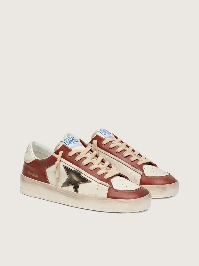 Stardan da uomo in pelle bianca e rosso mattone con stella in pelle laminata verde oliva