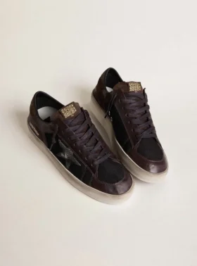 Stardan da uomo in pelle scamosciata marrone e rete nera con stella in pelle bianca e inserti in pelle nappa
