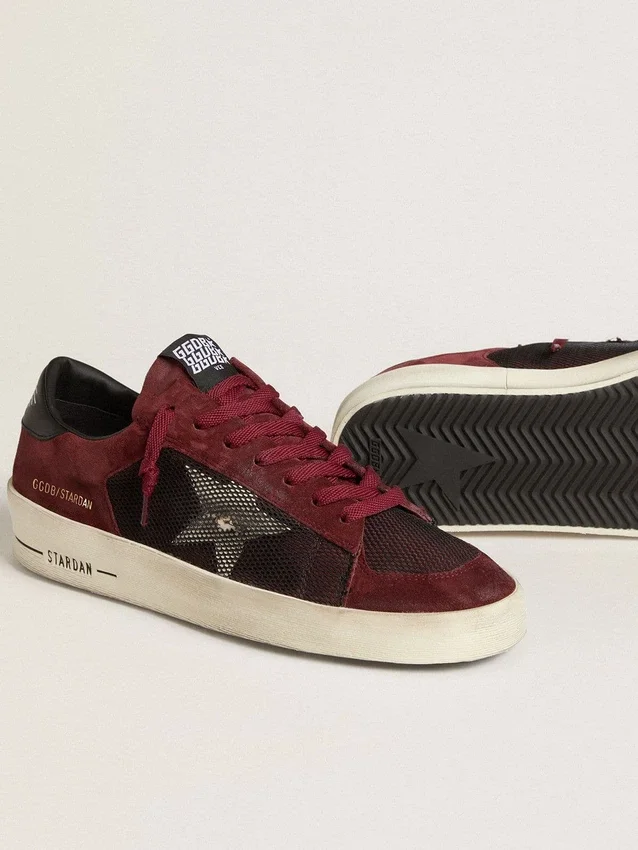 Stardan da uomo in rete nera e pelle scamosciata bordeaux con stella in pelle bianca