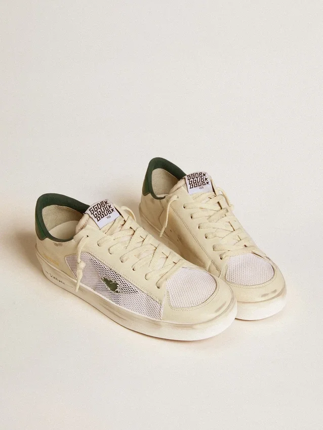 Stardan in pelle scamosciata bianca e mesh con stella in pelle verde e linguetta sul tallone