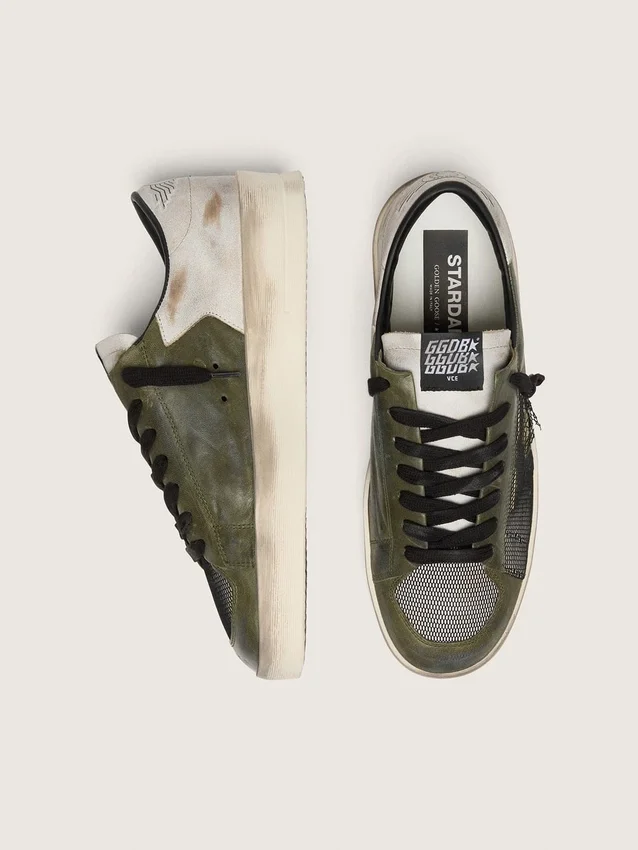 Stardan LTD da uomo in pelle bianca e verde oliva con rete nera e stella in pelle gialla