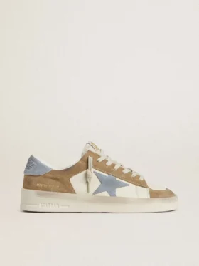 Stardan LTD in pelle bianca e pelle scamosciata color tabacco con stella e linguetta sul tallone in pelle scamosciata azzurra