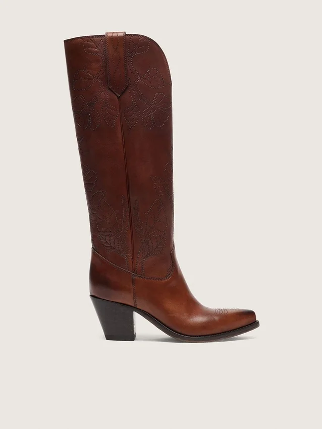 Stivali alti da donna Wish Star in pelle marrone con ricami floreali