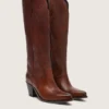 Stivali alti da donna Wish Star in pelle marrone con ricami floreali