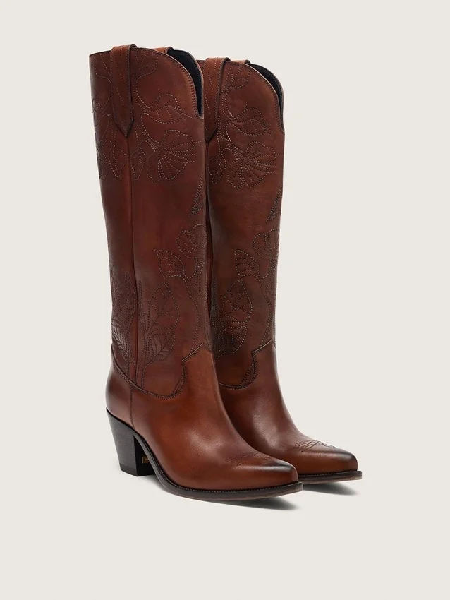 Stivali alti da donna Wish Star in pelle marrone con ricami floreali