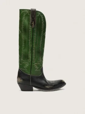 Stivali alti da donna Wish Star in pelle nera con gambale in pelle verde e ricami bianchi