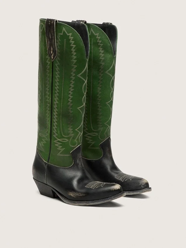 Stivali alti da donna Wish Star in pelle nera con gambale in pelle verde e ricami bianchi