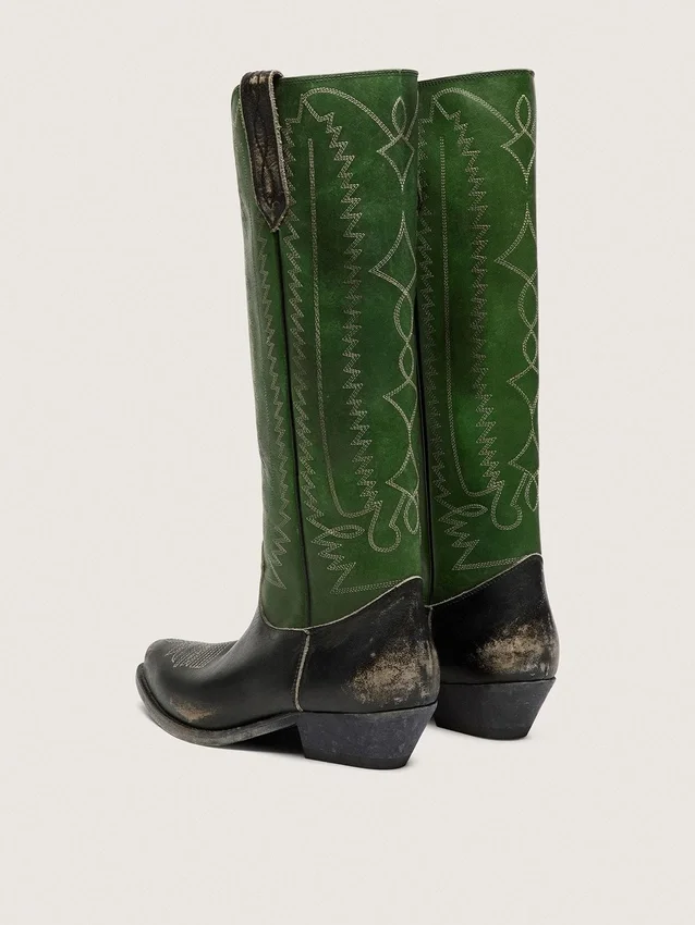 Stivali alti da donna Wish Star in pelle nera con gambale in pelle verde e ricami bianchi