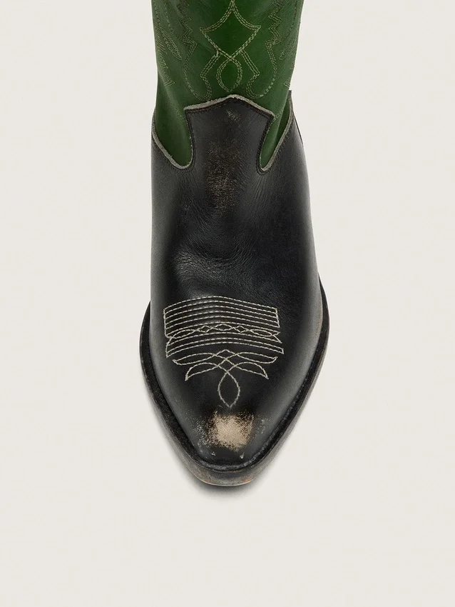 Stivali alti da donna Wish Star in pelle nera con gambale in pelle verde e ricami bianchi