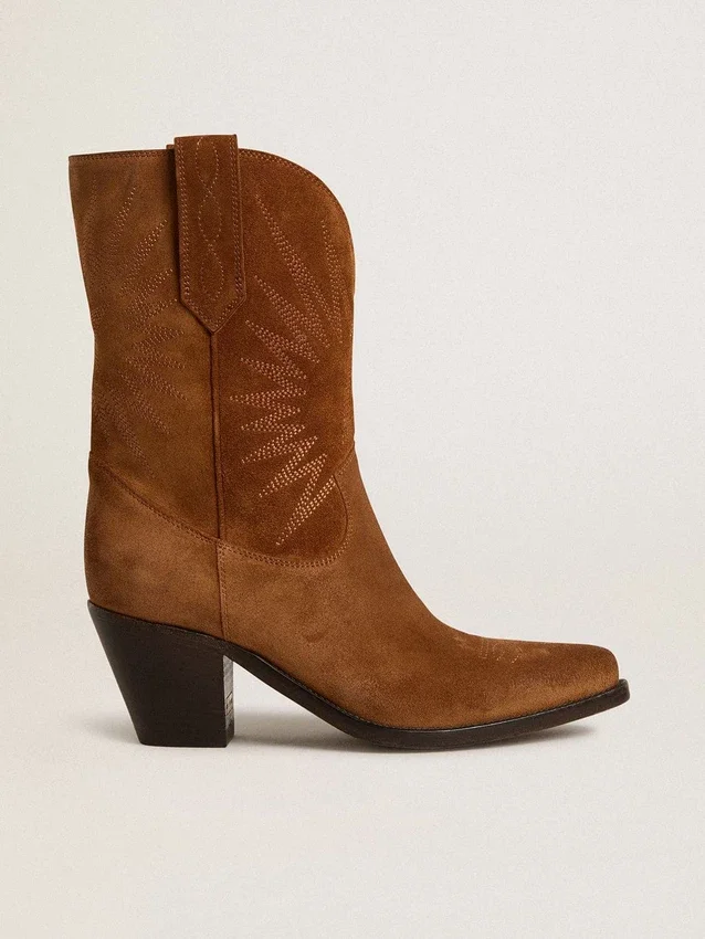 Stivali bassi Wish Star in pelle scamosciata color cognac con stella ricamata tono su tono