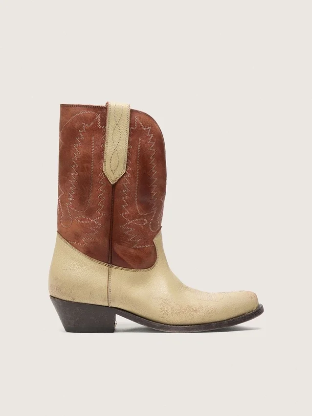 Stivali da donna Wish Star in pelle beige e marrone con ricami