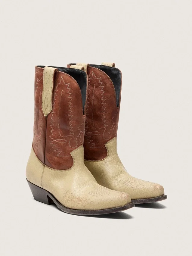 Stivali da donna Wish Star in pelle beige e marrone con ricami