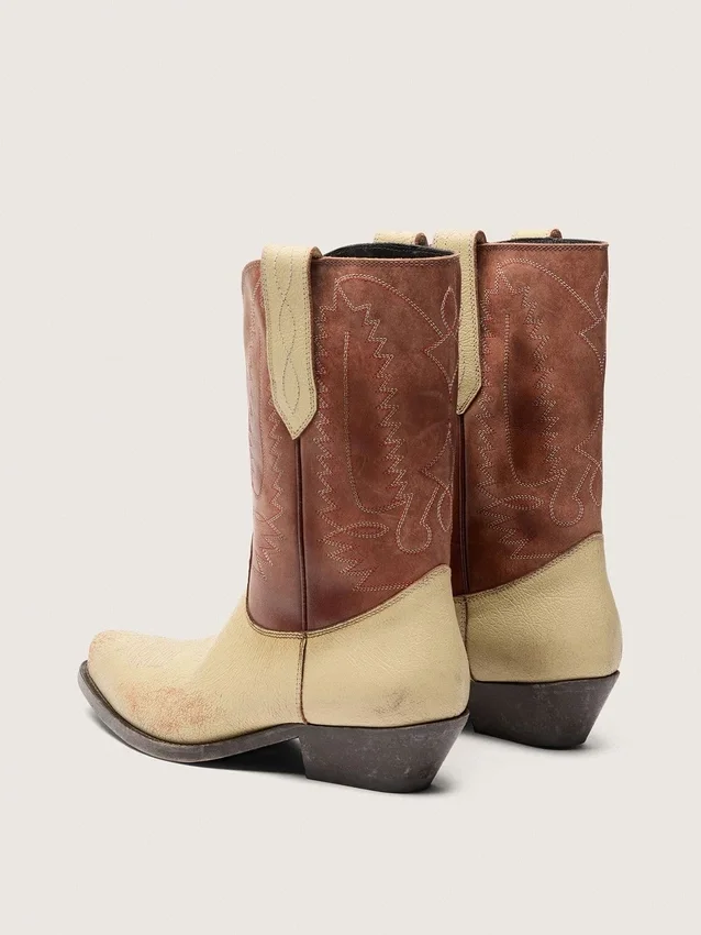 Stivali da donna Wish Star in pelle beige e marrone con ricami