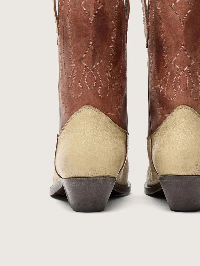 Stivali da donna Wish Star in pelle beige e marrone con ricami