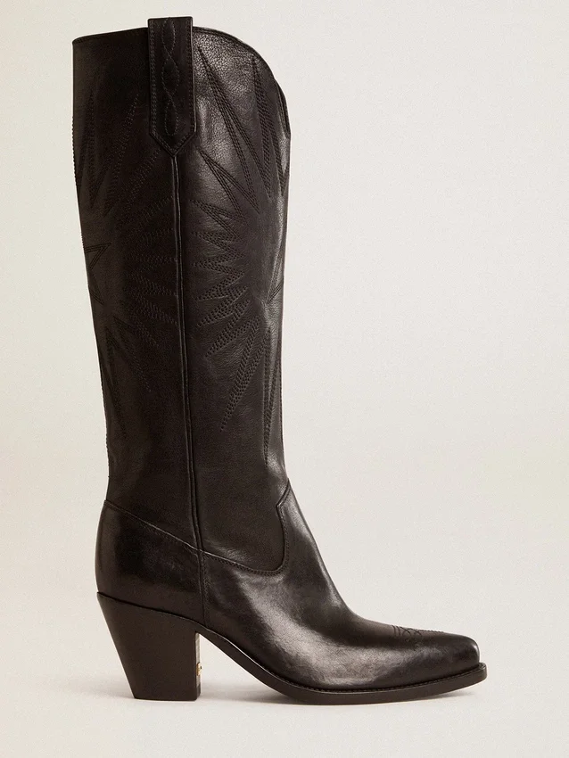 Stivali da donna Wish Star in pelle nera con ricamo a forma di stella