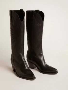 Stivali da donna Wish Star in pelle nera con ricamo a forma di stella