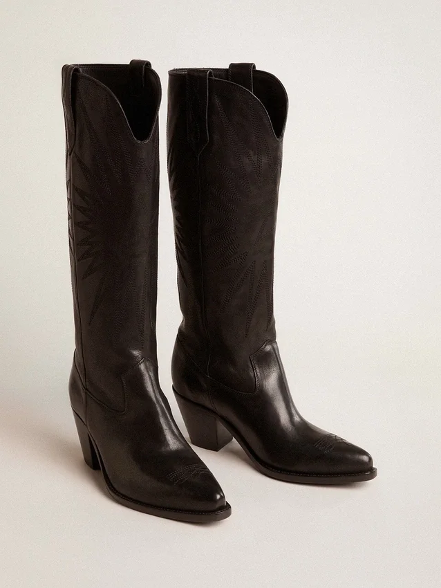 Stivali da donna Wish Star in pelle nera con ricamo a forma di stella