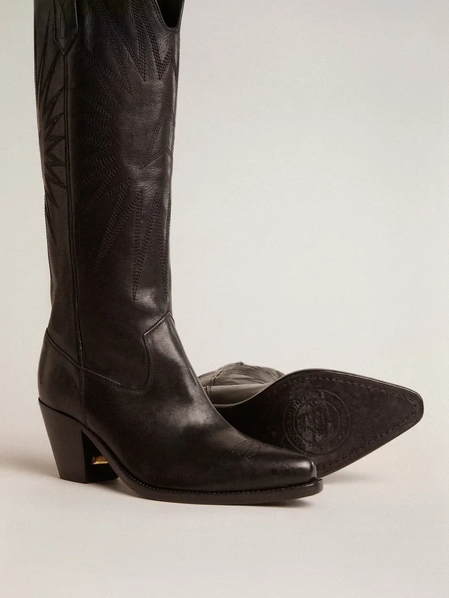 Stivali da donna Wish Star in pelle nera con ricamo a forma di stella