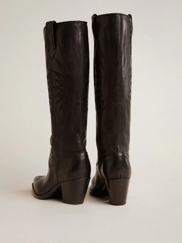 Stivali da donna Wish Star in pelle nera con ricamo a forma di stella