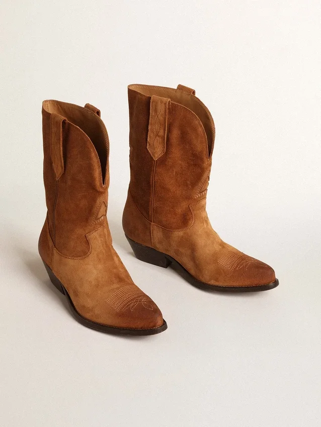Stivali Wish Star a gambale basso in pelle scamosciata color cognac con stella intarsiata