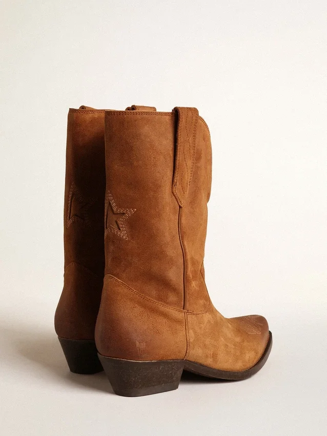 Stivali Wish Star a gambale basso in pelle scamosciata color cognac con stella intarsiata
