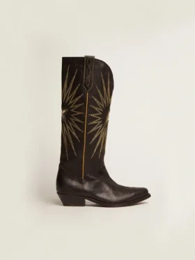 Stivali Wish Star in pelle nera con stella intarsiata in pelle laminata platino