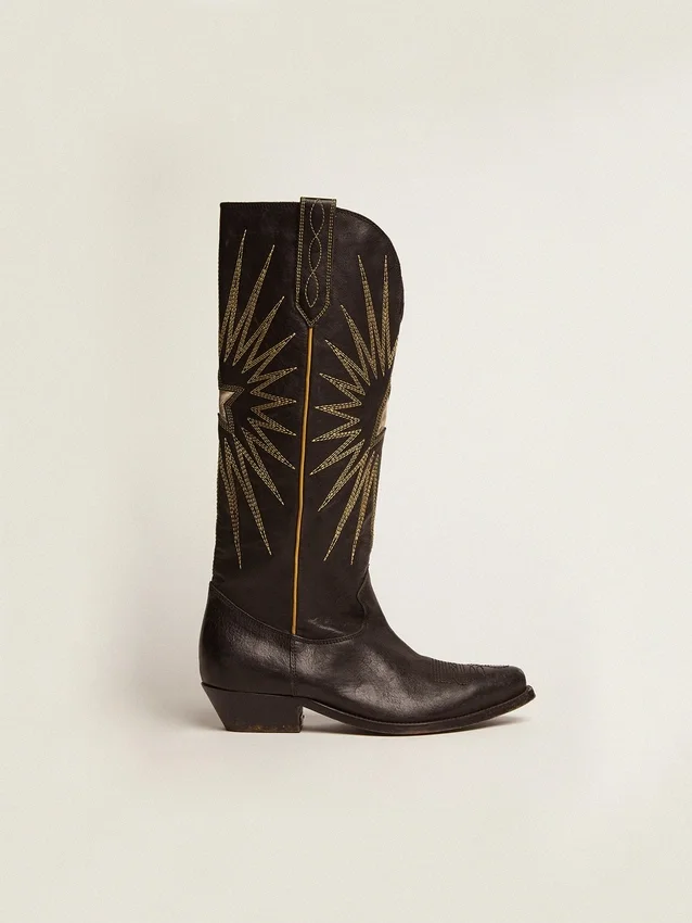 Stivali Wish Star in pelle nera con stella intarsiata in pelle laminata platino