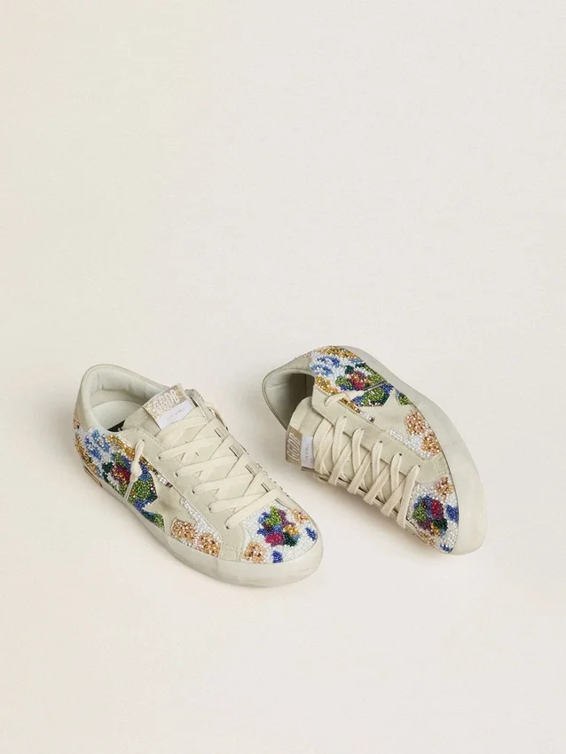 Super-Star da donna con perline multicolori e stella in pelle scamosciata beige