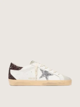 Super-Star da donna con stella glitterata argento e linguetta sul tallone glitterata marrone