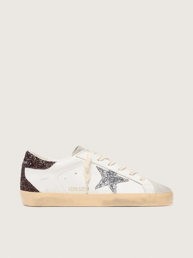 Super-Star da donna con stella glitterata argento e linguetta sul tallone glitterata marrone