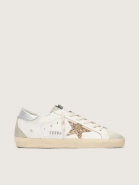 Super-Star da donna con stella glitterata dorata e inserti in pelle scamosciata grigio ghiaccio