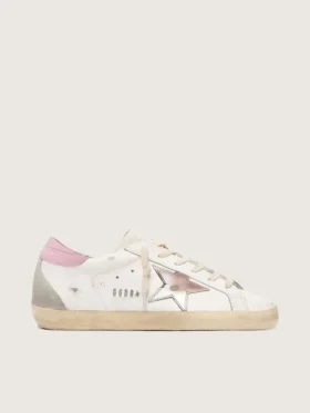 Super-Star da donna con stella in pelle argentata e linguetta sul tallone rosa