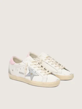 Super-Star da donna con stella in pelle argentata e linguetta sul tallone rosa
