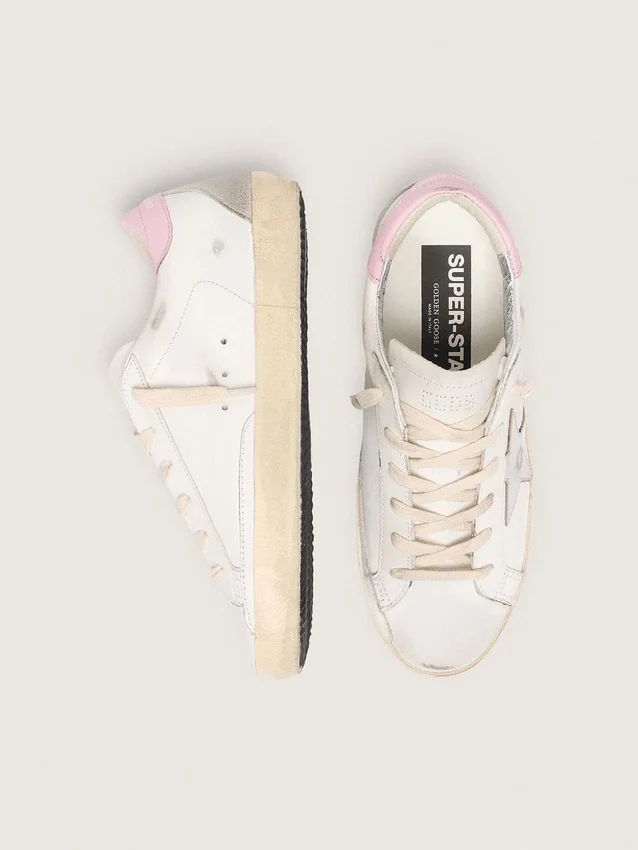 Super-Star da donna con stella in pelle argentata e linguetta sul tallone rosa