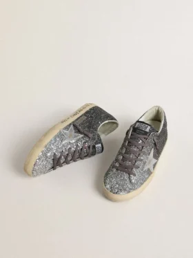 Super-Star da donna con tomaia glitterata e stella in pelle metallizzata argento