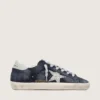 Super-Star da donna in camoscio blu con stella glitterata argento e linguetta in pelle sul tallone