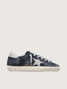Super-Star da donna in camoscio blu con stella glitterata argento e linguetta in pelle sul tallone