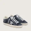 Super-Star da donna in camoscio blu con stella glitterata argento e linguetta in pelle sul tallone