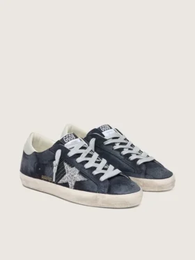 Super-Star da donna in camoscio blu con stella glitterata argento e linguetta in pelle sul tallone