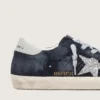 Super-Star da donna in camoscio blu con stella glitterata argento e linguetta in pelle sul tallone