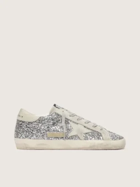 Super-Star da donna in glitter argento con stella in pelle scamosciata grigio ghiaccio