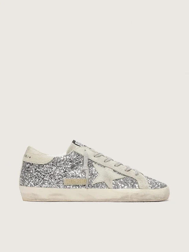 Super-Star da donna in glitter argento con stella in pelle scamosciata grigio ghiaccio