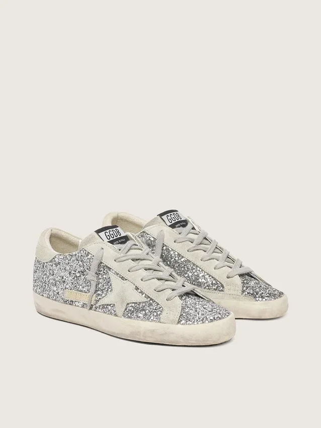 Super-Star da donna in glitter argento con stella in pelle scamosciata grigio ghiaccio