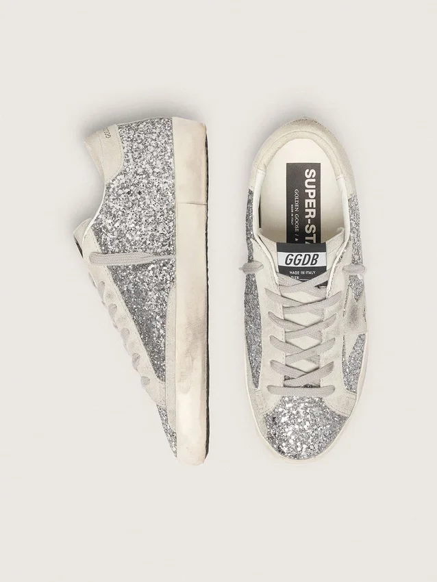 Super-Star da donna in glitter argento con stella in pelle scamosciata grigio ghiaccio