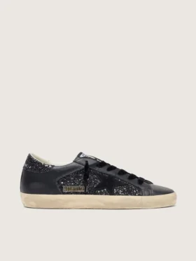 Super-Star da donna in glitter nero con stella in pelle scamosciata nera e inserti in pelle
