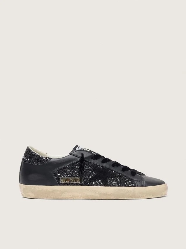 Super-Star da donna in glitter nero con stella in pelle scamosciata nera e inserti in pelle
