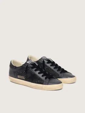 Super-Star da donna in glitter nero con stella in pelle scamosciata nera e inserti in pelle