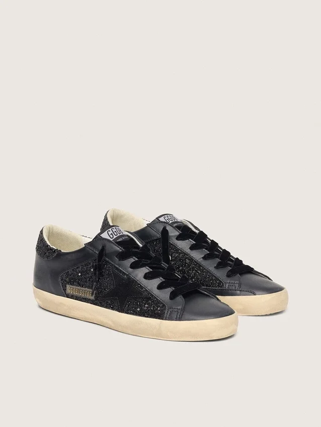 Super-Star da donna in glitter nero con stella in pelle scamosciata nera e inserti in pelle