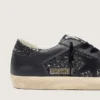 Super-Star da donna in glitter nero con stella in pelle scamosciata nera e inserti in pelle