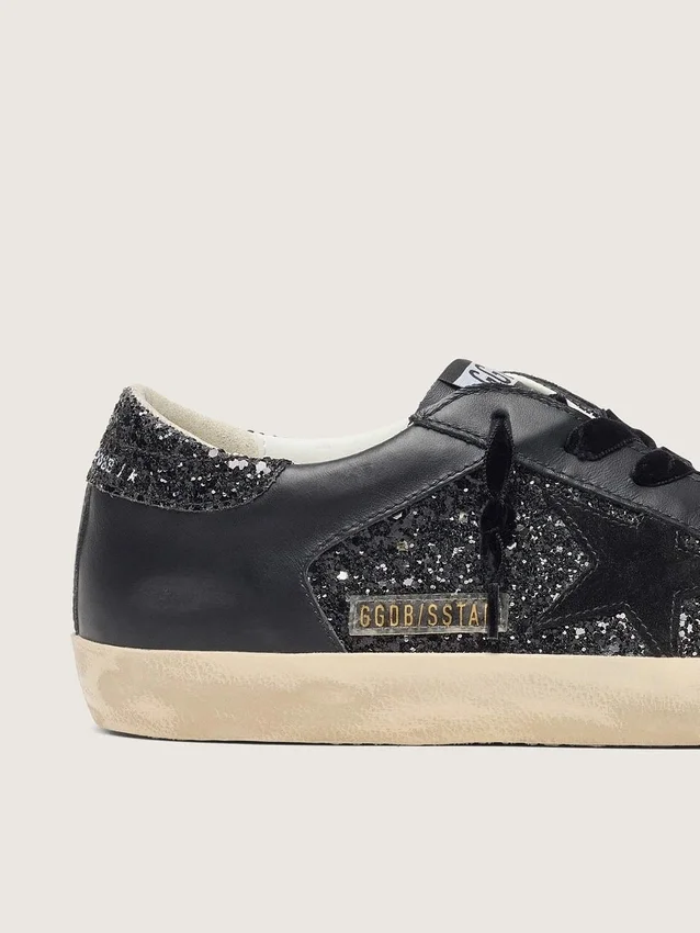 Super-Star da donna in glitter nero con stella in pelle scamosciata nera e inserti in pelle